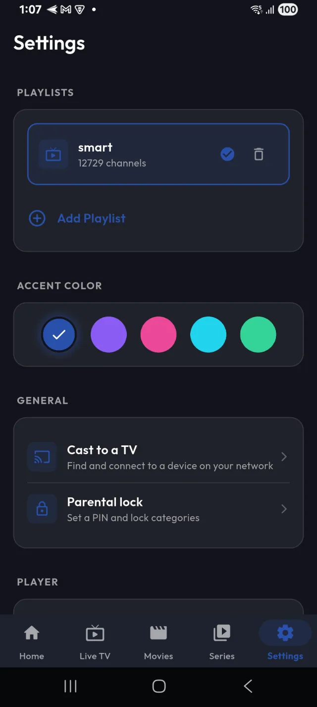 VueStream settings screen with account, profiles and sync options.